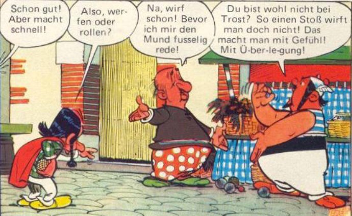 Obelix beim Boulespiel